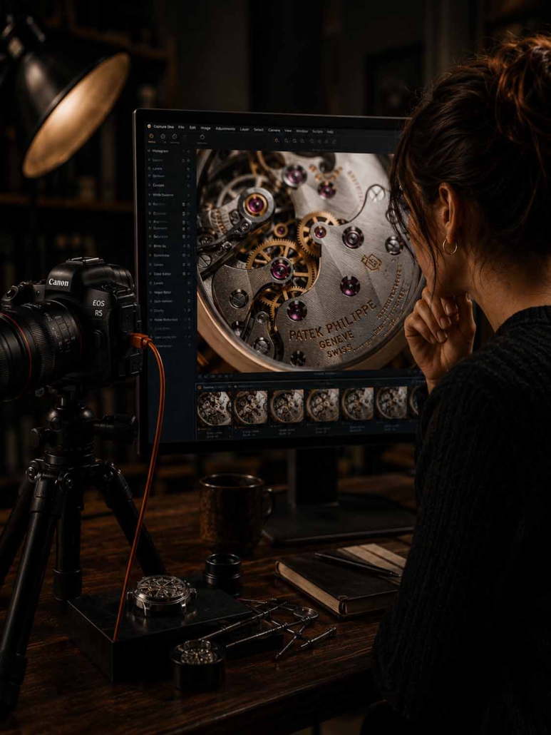 Eine Person sitzt an einem Schreibtisch in einem schwach beleuchteten Arbeitsbereich und betrachtet während eines Capture One-Workshops eine Nahaufnahme eines Patek Philippe-Uhrwerks auf einem Computerbildschirm, mit Uhrenwerkzeug, Kamera auf Stativ und Kaffeetasse in der Nähe.