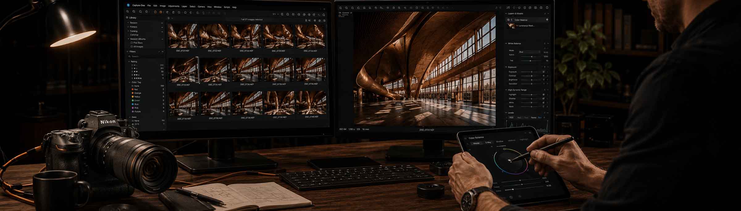 Eine Person bearbeitet Fotos auf zwei Monitoren und einem Tablet an einem hölzernen Schreibtisch mit einer Kamera, einem Notebook, einer Tastatur und einer Lampe, während sie in ihrem schwach beleuchteten Arbeitsbereich in einen Phase One Workflow eintaucht.