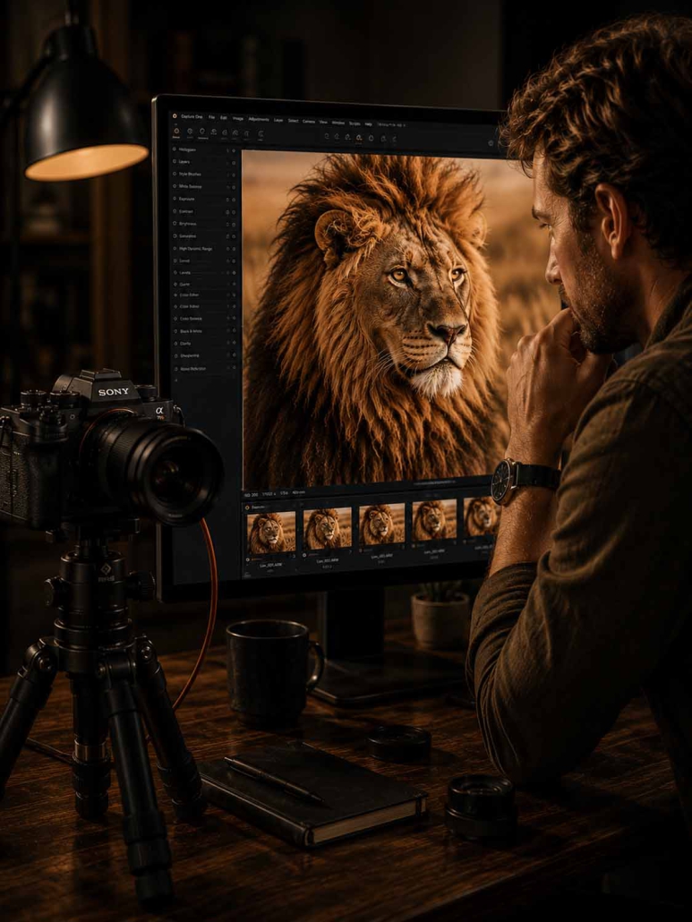 Ein Mann sitzt an einem Schreibtisch und bearbeitet während eines Capture One-Workshops ein Nahaufnahmefoto eines Löwen auf seinem Monitor. Eine Kamera auf einem Stativ, ein Notebook, eine Tasse und Kameraobjektive tragen zu der warmen, professionellen Atmosphäre des Arbeitsbereichs bei.