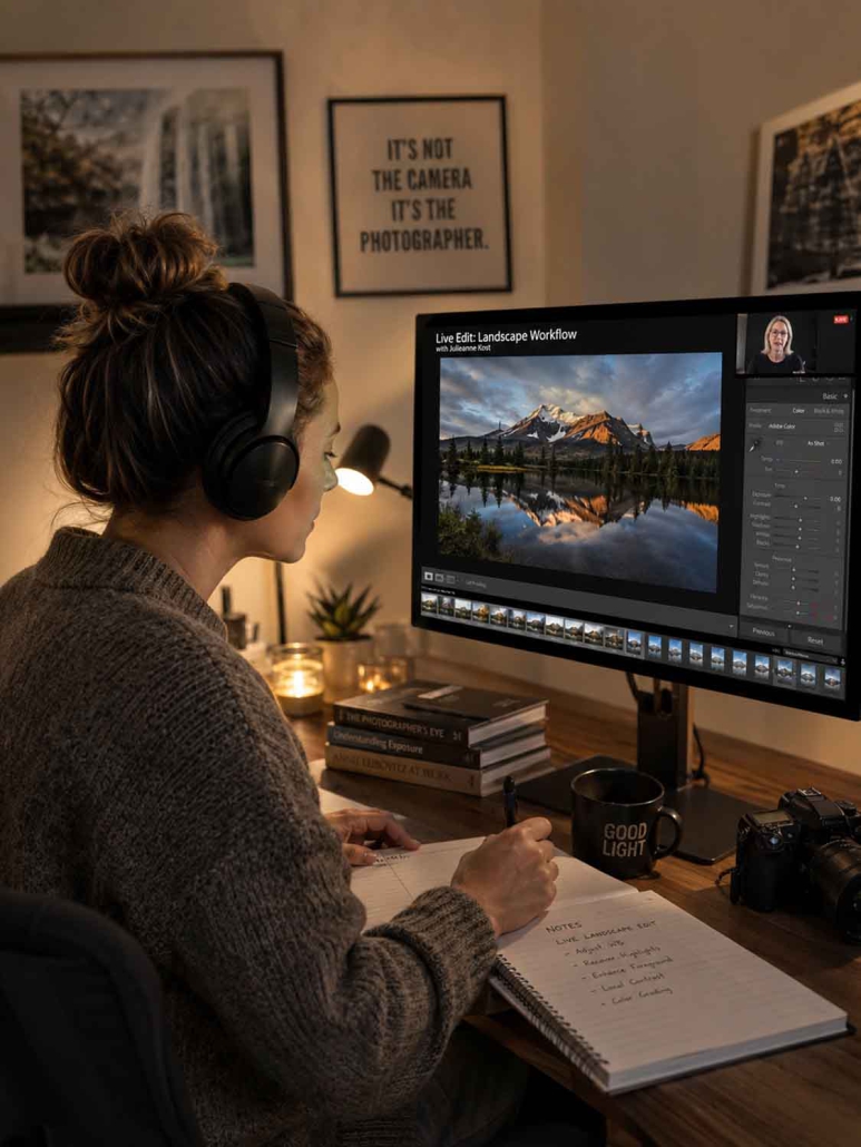 Eine Person mit Kopfhörern sitzt an einem Schreibtisch und bearbeitet während eines Bildbearbeitungs-Workshops vor Ort ein Landschaftsfoto am Computer und macht sich Notizen in einem Notizbuch. In dem gemütlichen Raum befinden sich eine Kamera, Bücher, ein Kaffeebecher und gerahmte Zitate an der Wand.