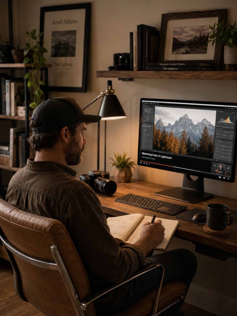 Ein Mann sitzt an einem Schreibtisch und macht sich Notizen, während er ein Foto einer Berglandschaft für seinen Bildbearbeitung Online-Kurs bearbeitet. Der gemütliche Arbeitsbereich ist mit einer Kamera, Bücherregalen, gerahmten Bildern und warmer Beleuchtung ausgestattet.