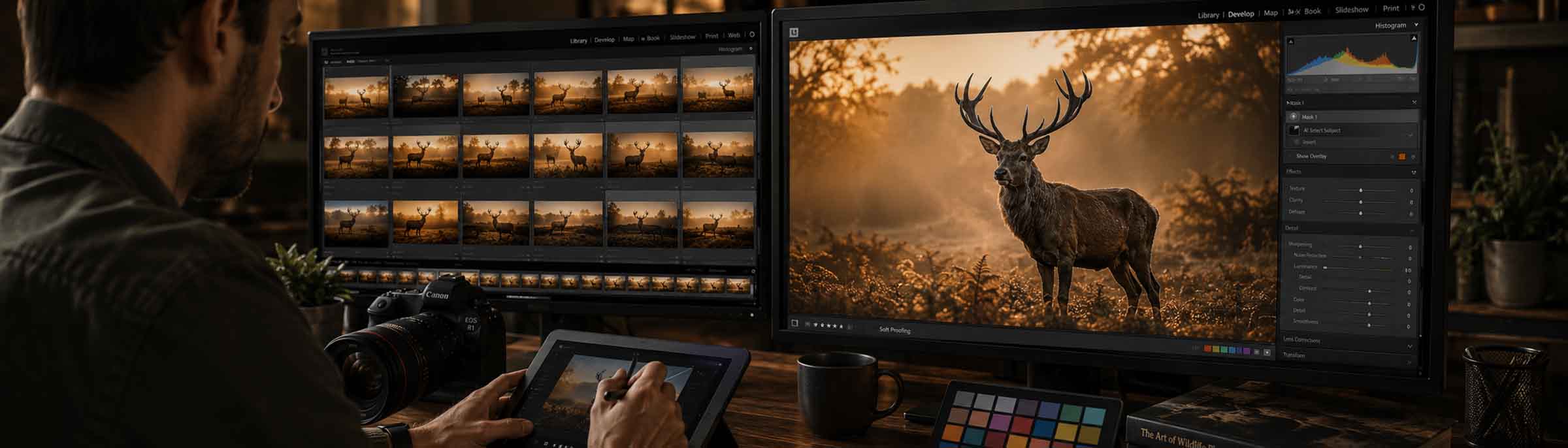 Eine Person bearbeitet Fotos von Wildtieren auf zwei Computermonitoren, von denen einer ein Raster von Bildern und der andere einen Hirsch in einem sonnenbeschienenen Feld zeigt, mit einem Grafiktablett und Farbkalibrierungswerkzeugen auf dem Schreibtisch.