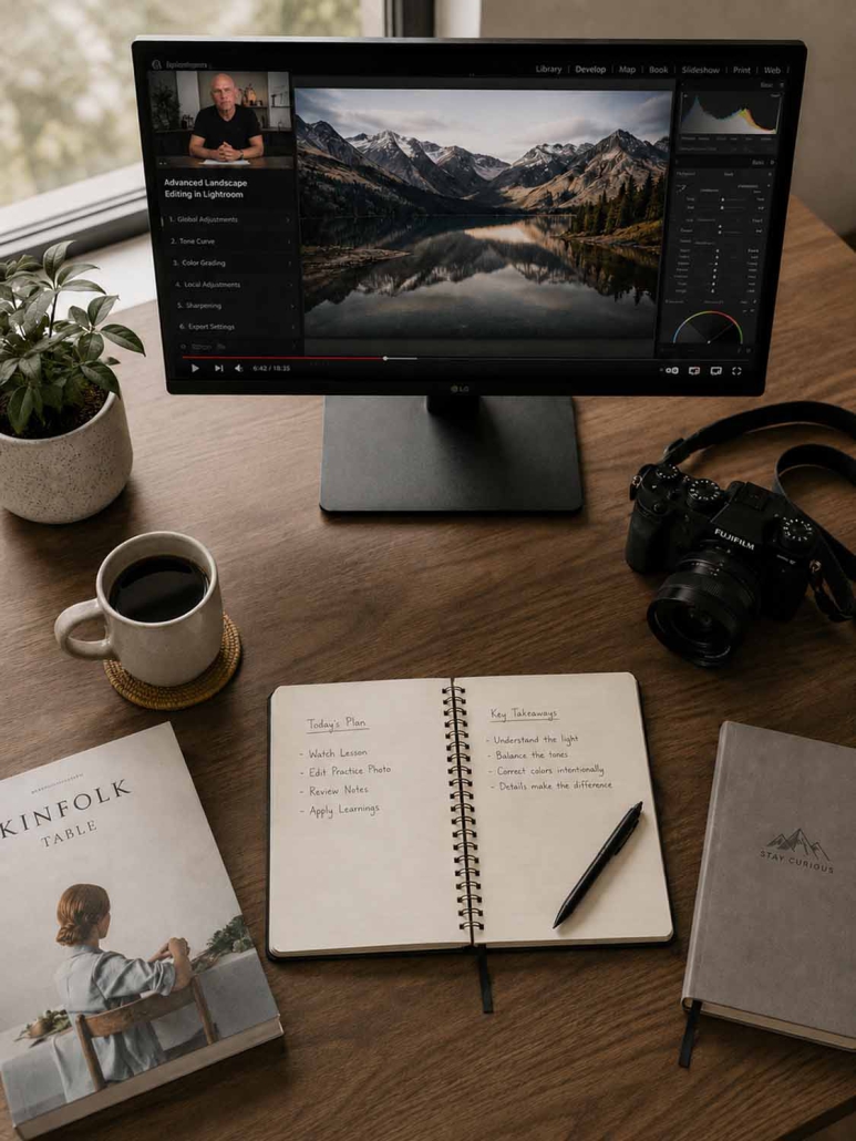 Ein Schreibtisch mit einem Monitor, auf dem eine Fotobearbeitungssoftware angezeigt wird - perfekt für einen Lightroom-Online-Kurs - mit einer Berglandschaft, einer Kamera, Kaffee, handschriftlichen Notizen, einem Buch und einem Stift auf dem Holztisch.