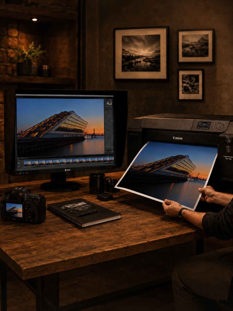 Eine Person druckt ein Foto von einem Gebäude bei Sonnenuntergang auf einem Canon-Drucker aus. Dasselbe Bild, das mit einem RAW-Workflow verarbeitet wurde, wird auf einem Computermonitor mit Kamera, Fotobuch und gerahmten Bildern in einem warm beleuchteten Arbeitsbereich angezeigt.