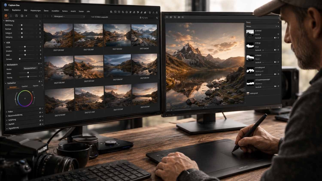 Eine Person arbeitet mit einem Grafiktablett und einem Stift an einem Schreibtisch mit zwei Monitoren, auf denen die Bildbearbeitungssoftware Capture One und Landschaftsbilder von Bergen und Seen angezeigt werden. Auf dem Schreibtisch befinden sich auch eine Fotoausrüstung und eine Kamera.