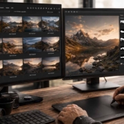 Eine Person arbeitet mit einem Grafiktablett und einem Stift an einem Schreibtisch mit zwei Monitoren, auf denen die Bildbearbeitungssoftware Capture One und Landschaftsbilder von Bergen und Seen angezeigt werden. Auf dem Schreibtisch befinden sich auch eine Fotoausrüstung und eine Kamera.