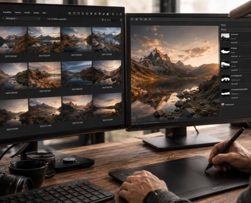 Eine Person arbeitet mit einem Grafiktablett und einem Stift an einem Schreibtisch mit zwei Monitoren, auf denen die Bildbearbeitungssoftware Capture One und Landschaftsbilder von Bergen und Seen angezeigt werden. Auf dem Schreibtisch befinden sich auch eine Fotoausrüstung und eine Kamera.
