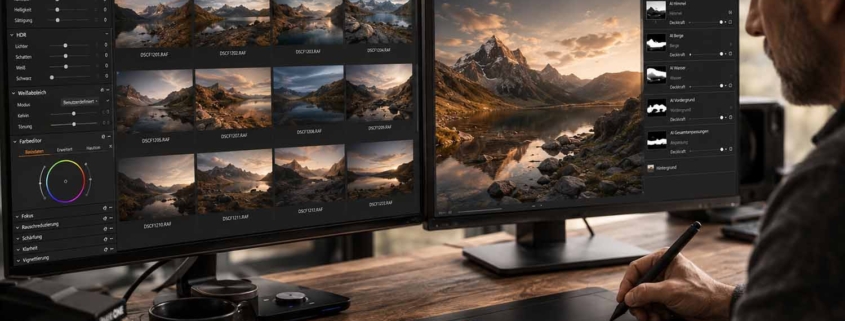 Eine Person arbeitet mit einem Grafiktablett und einem Stift an einem Schreibtisch mit zwei Monitoren, auf denen die Bildbearbeitungssoftware Capture One und Landschaftsbilder von Bergen und Seen angezeigt werden. Auf dem Schreibtisch befinden sich auch eine Fotoausrüstung und eine Kamera.
