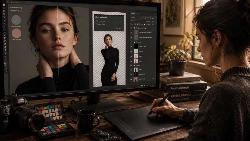 Eine Frau bearbeitet während eines Photoshop-Workshops ein Porträtfoto am Computer mit einem digitalen Stift. Auf dem Holztisch in einem gemütlichen, warm beleuchteten Raum stehen Kameras, Farbkarten und Bücher.