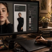 Eine Frau bearbeitet während eines Photoshop-Workshops ein Porträtfoto am Computer mit einem digitalen Stift. Auf dem Holztisch in einem gemütlichen, warm beleuchteten Raum stehen Kameras, Farbkarten und Bücher.