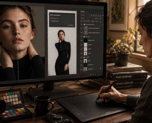 Eine Frau bearbeitet während eines Photoshop-Workshops ein Porträtfoto am Computer mit einem digitalen Stift. Auf dem Holztisch in einem gemütlichen, warm beleuchteten Raum stehen Kameras, Farbkarten und Bücher.