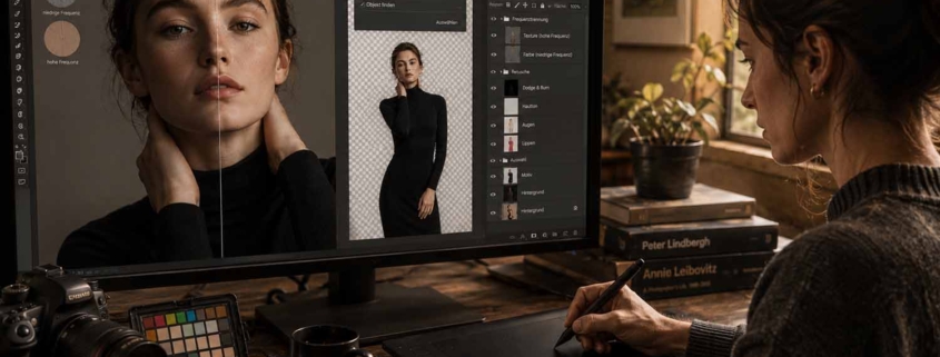 Eine Frau bearbeitet während eines Photoshop-Workshops ein Porträtfoto am Computer mit einem digitalen Stift. Auf dem Holztisch in einem gemütlichen, warm beleuchteten Raum stehen Kameras, Farbkarten und Bücher.