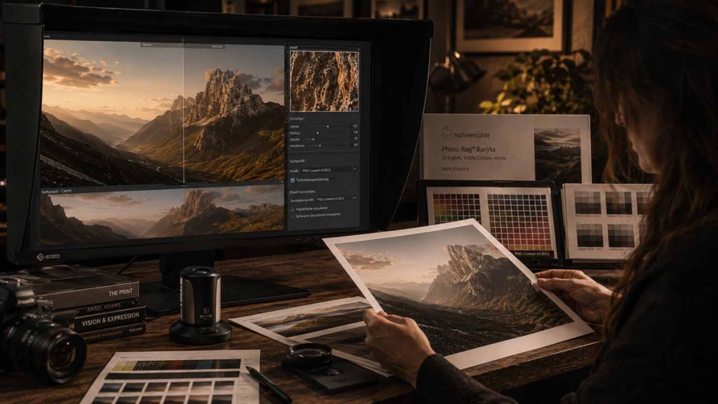 Eine Person vergleicht ein gedrucktes Landschaftsfoto mit seiner digitalen Version auf einem Computermonitor, umgeben von Farbkarten und Bildbearbeitungswerkzeugen - eine ideale Szene für alle, die Bildbearbeitung lernen möchten, in einem warmen, sanft beleuchteten Raum.
