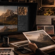 Eine Person vergleicht ein gedrucktes Landschaftsfoto mit seiner digitalen Version auf einem Computermonitor, umgeben von Farbkarten und Bildbearbeitungswerkzeugen - eine ideale Szene für alle, die Bildbearbeitung lernen möchten, in einem warmen, sanft beleuchteten Raum.