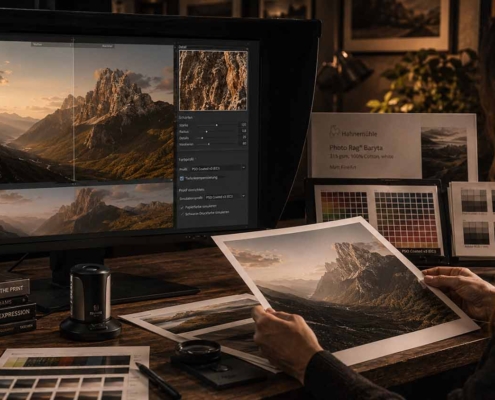 Eine Person vergleicht ein gedrucktes Landschaftsfoto mit seiner digitalen Version auf einem Computermonitor, umgeben von Farbkarten und Bildbearbeitungswerkzeugen - eine ideale Szene für alle, die Bildbearbeitung lernen möchten, in einem warmen, sanft beleuchteten Raum.