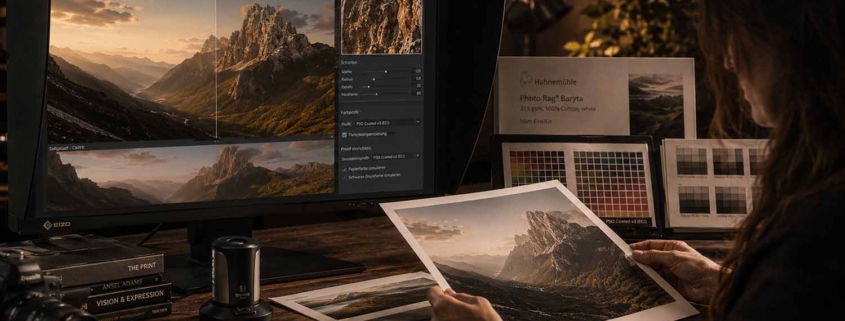 Eine Person vergleicht ein gedrucktes Landschaftsfoto mit seiner digitalen Version auf einem Computermonitor, umgeben von Farbkarten und Bildbearbeitungswerkzeugen - eine ideale Szene für alle, die Bildbearbeitung lernen möchten, in einem warmen, sanft beleuchteten Raum.
