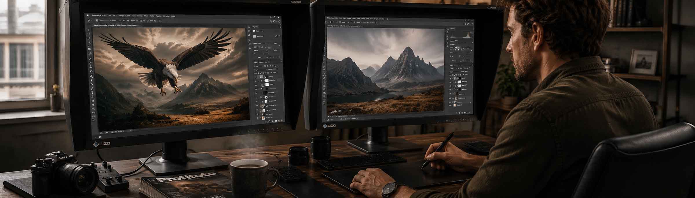 Eine Person sitzt an einem Schreibtisch mit einem digitalen Stift und zwei Monitoren, um während eines Photoshop-Workshops Landschafts- und Adlerbilder zu bearbeiten. Eine Kamera und eine Zeitschrift liegen auf dem Schreibtisch in der Nähe des Fensters.