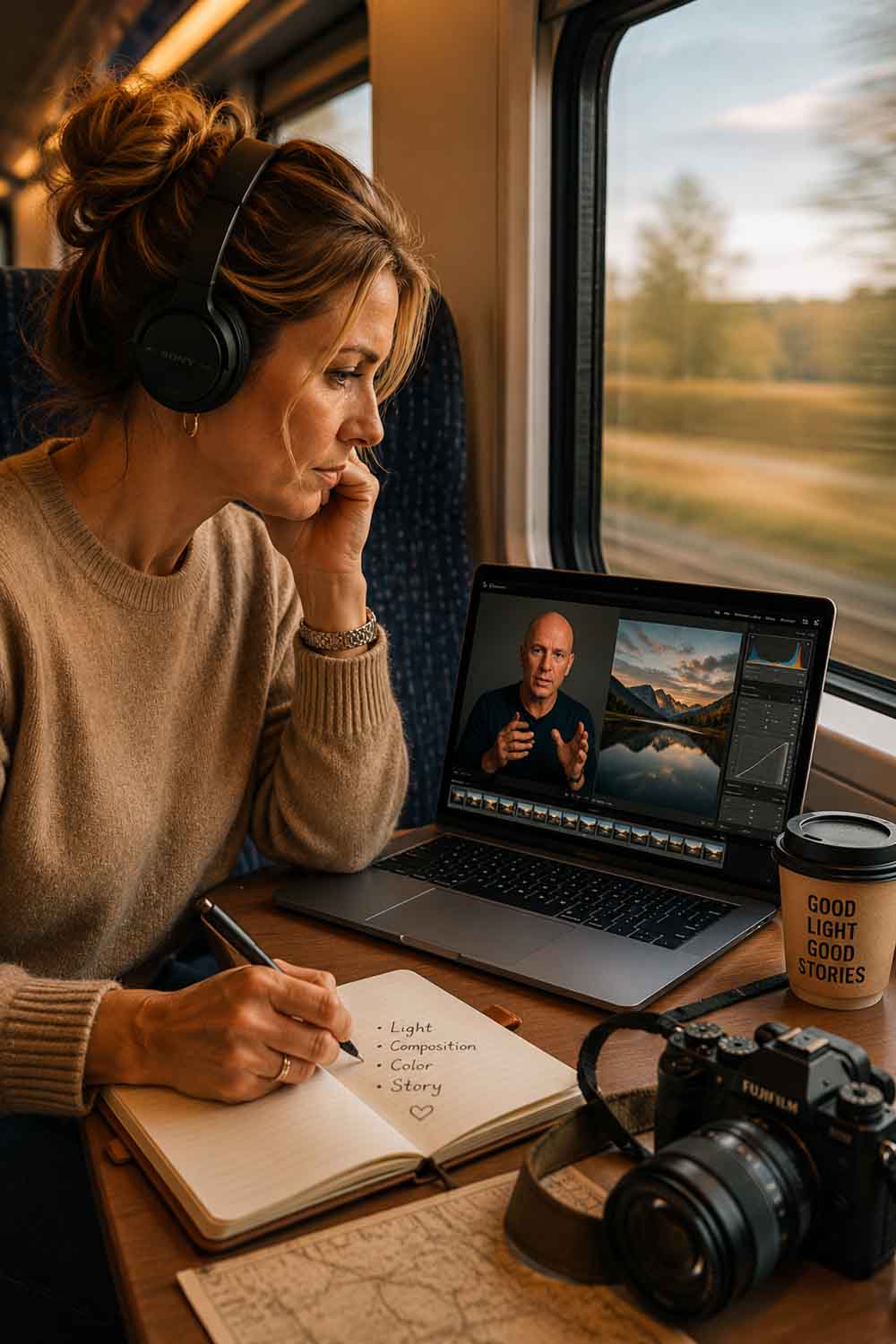Eine Frau mit Kopfhörern sitzt in einem Zug und sieht sich einen Bildbearbeitungs-Videokurs auf ihrem Laptop an. Sie macht sich Notizen in einem Tagebuch neben einer Kamera, einer Landkarte und einer Kaffeetasse mit der Aufschrift "Good Light, Good Stories".