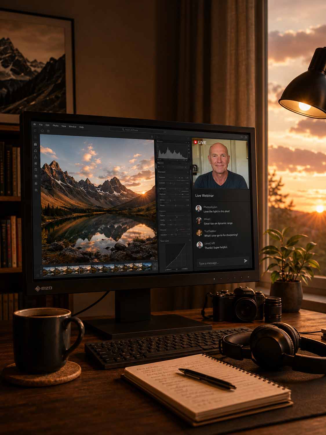 Ein gemütlich eingerichteter Schreibtisch bei Sonnenuntergang mit einem Computer, auf dem eine Fotobearbeitungssoftware und ein Live-Webinar laufen, daneben eine Kamera, Kopfhörer, eine Kaffeetasse und ein aufgeschlagenes Notizbuch. Warmes Sonnenlicht strömt durch das Fenster.