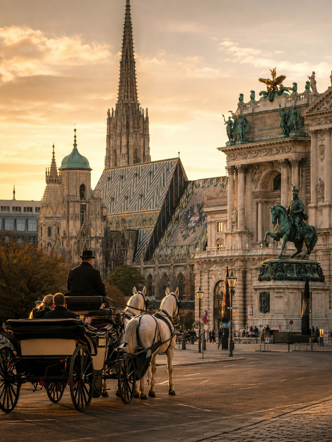Eine Pferdekutsche fährt bei Sonnenuntergang an historischen Gebäuden in Wien vorbei, wobei der Stephansdom und ein Reiterstandbild zu sehen sind - die perfekte Inspiration für den Bildbearbeitung Workshop Wien.