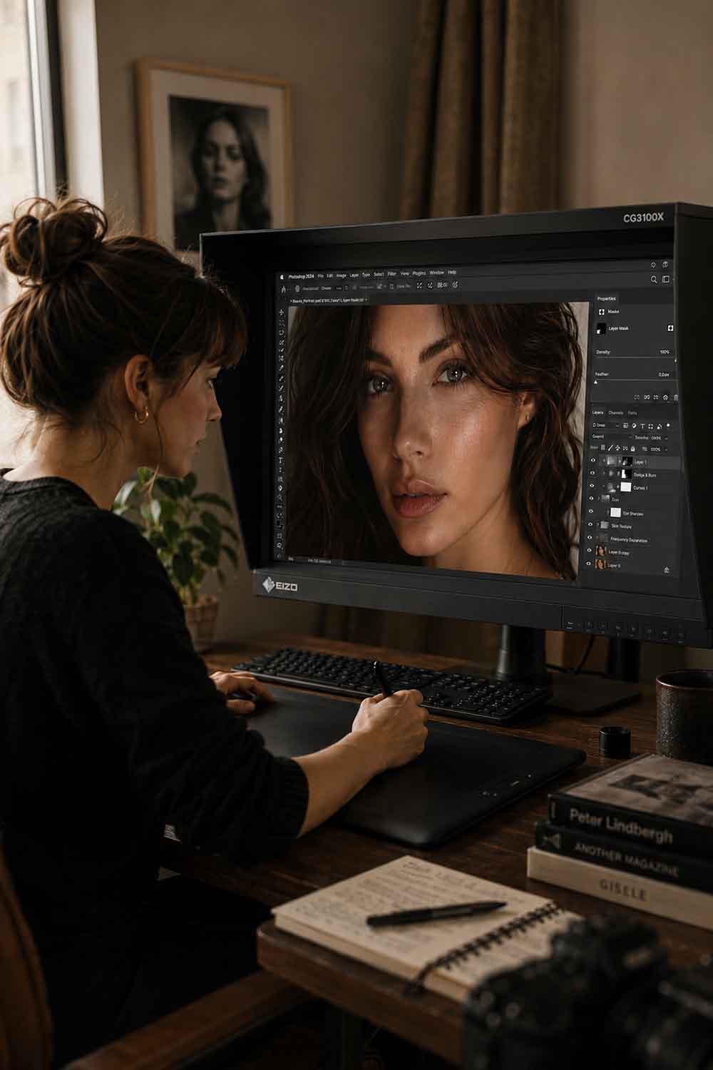 Eine Frau bearbeitet mit einem digitalen Stift und einem Grafiktablett ein Nahaufnahmeporträt auf einem großen Monitor in ihrem gemütlichen, gut beleuchteten Arbeitsbereich - perfekt für alle, die sich für einen Beautyretusche-Workshop oder Photoshop für Fotografen interessieren.