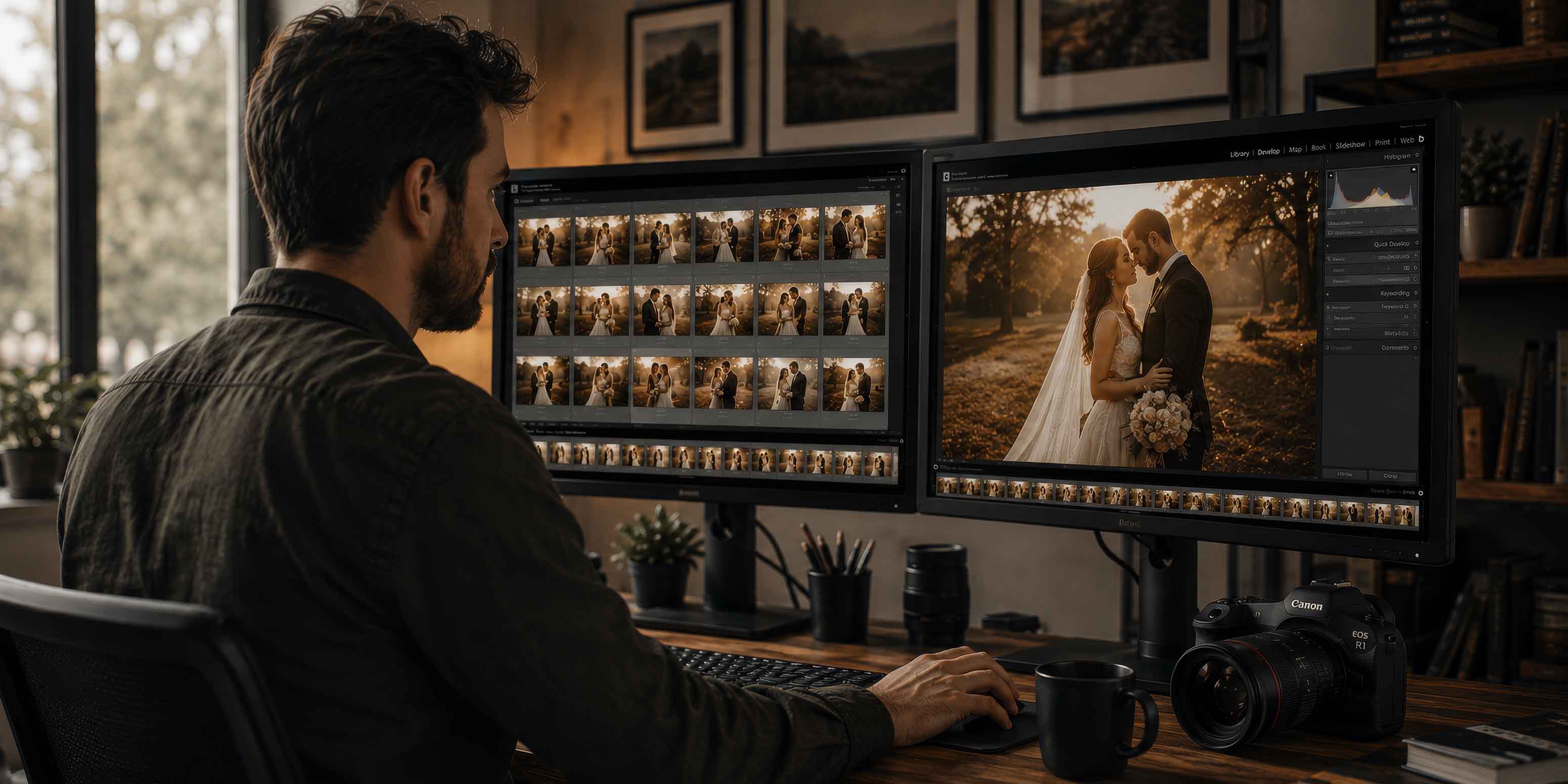 Ein Mann bearbeitet Hochzeitsfotos auf zwei Monitoren an einem Schreibtisch. Die Bildschirme zeigen eine Braut und einen Bräutigam im Freien. Eine Kamera, ein Kaffeebecher und Topfpflanzen stehen auf dem Schreibtisch in einem warm beleuchteten Arbeitsbereich.