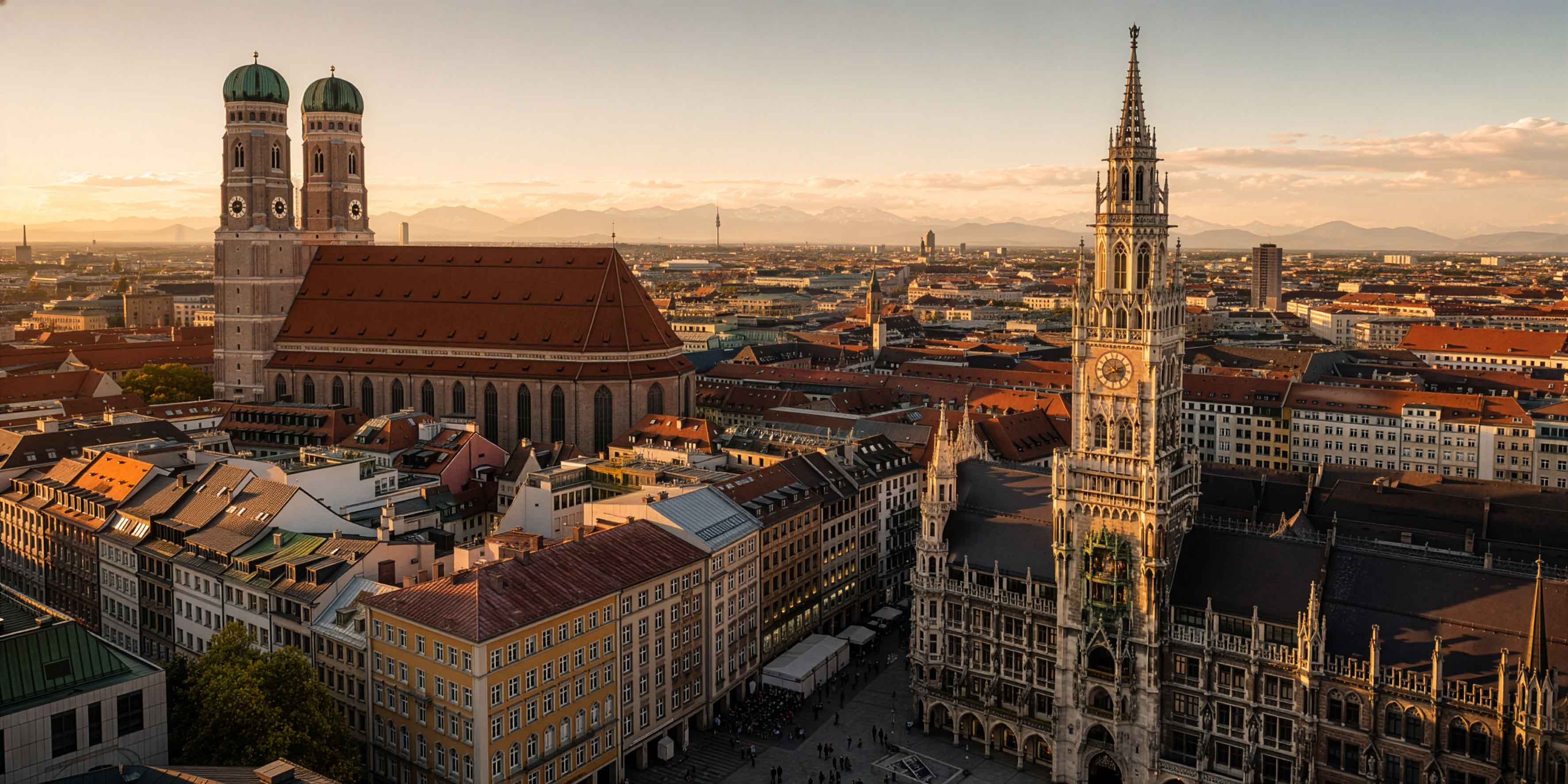 Ein Panoramablick auf München bei Sonnenuntergang mit der Frauenkirche auf der linken Seite und dem prächtigen Neuen Rathaus auf der rechten Seite - eine inspirierende Szene, die oft in einem Bildbearbeitung Workshop München erkundet wird, umgeben von historischen Gebäuden der Stadt.