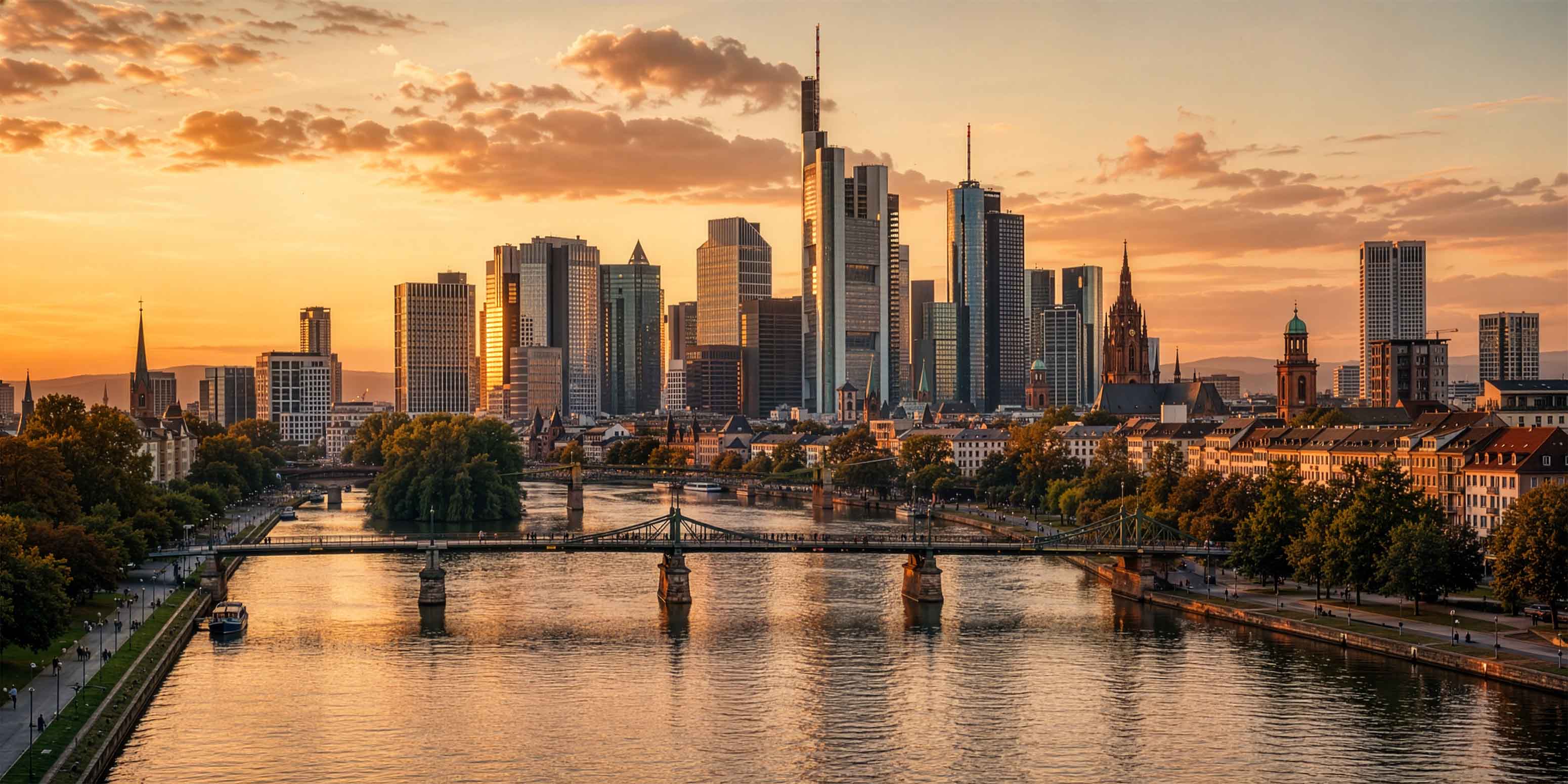 Eine Stadtsilhouette bei Sonnenuntergang mit modernen Wolkenkratzern und historischen Gebäuden, ein Fluss im Vordergrund, über den eine Brücke führt - die perfekte Inspiration für einen Bildbearbeitung Workshop Frankfurt, alles in warmes, goldenes Licht getaucht.