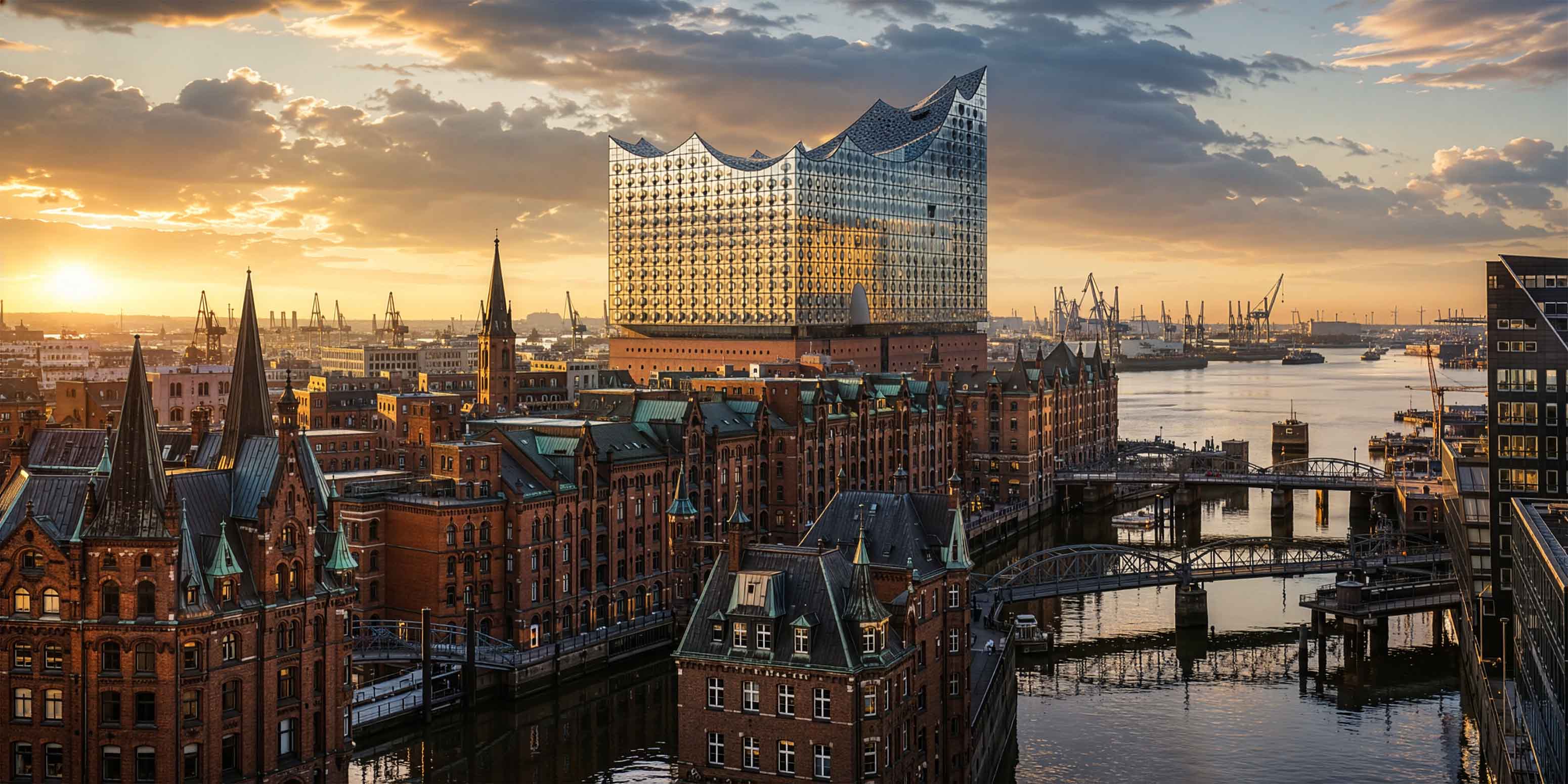 Ein Panoramablick auf Hamburg bei Sonnenuntergang mit der modernen Elbphilharmonie, historischen Backsteingebäuden und golden beleuchteten Wasserstraßen - die perfekte Inspiration für einen Bildbearbeitung Workshop Hamburg.