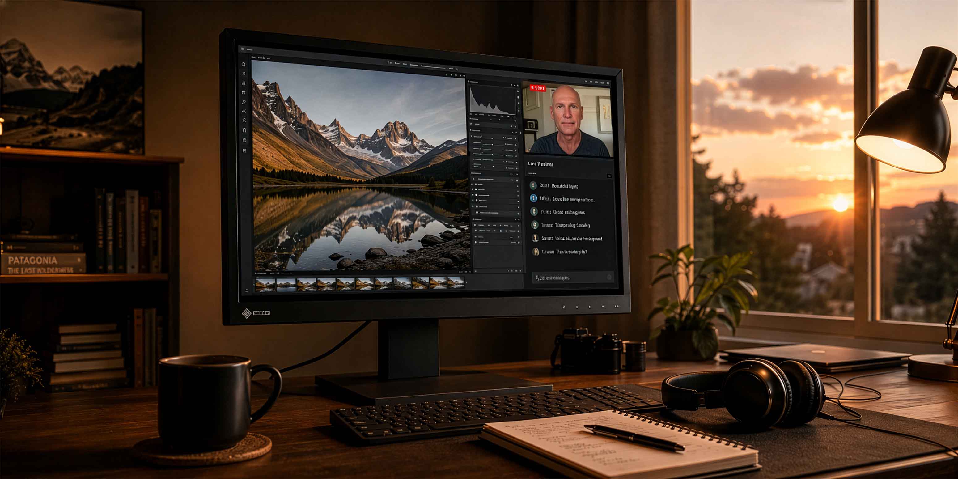 Ein Desktop-Computer zeigt eine Bildbearbeitungssoftware mit einem Landschaftsbild und einem Fenster für Bildbearbeitung Webinar. Auf dem Schreibtisch befinden sich Tastatur, Kopfhörer, Kaffeetasse, Notebook, Lampe und Pflanze; durch das Fenster leuchtet ein Sonnenuntergang.