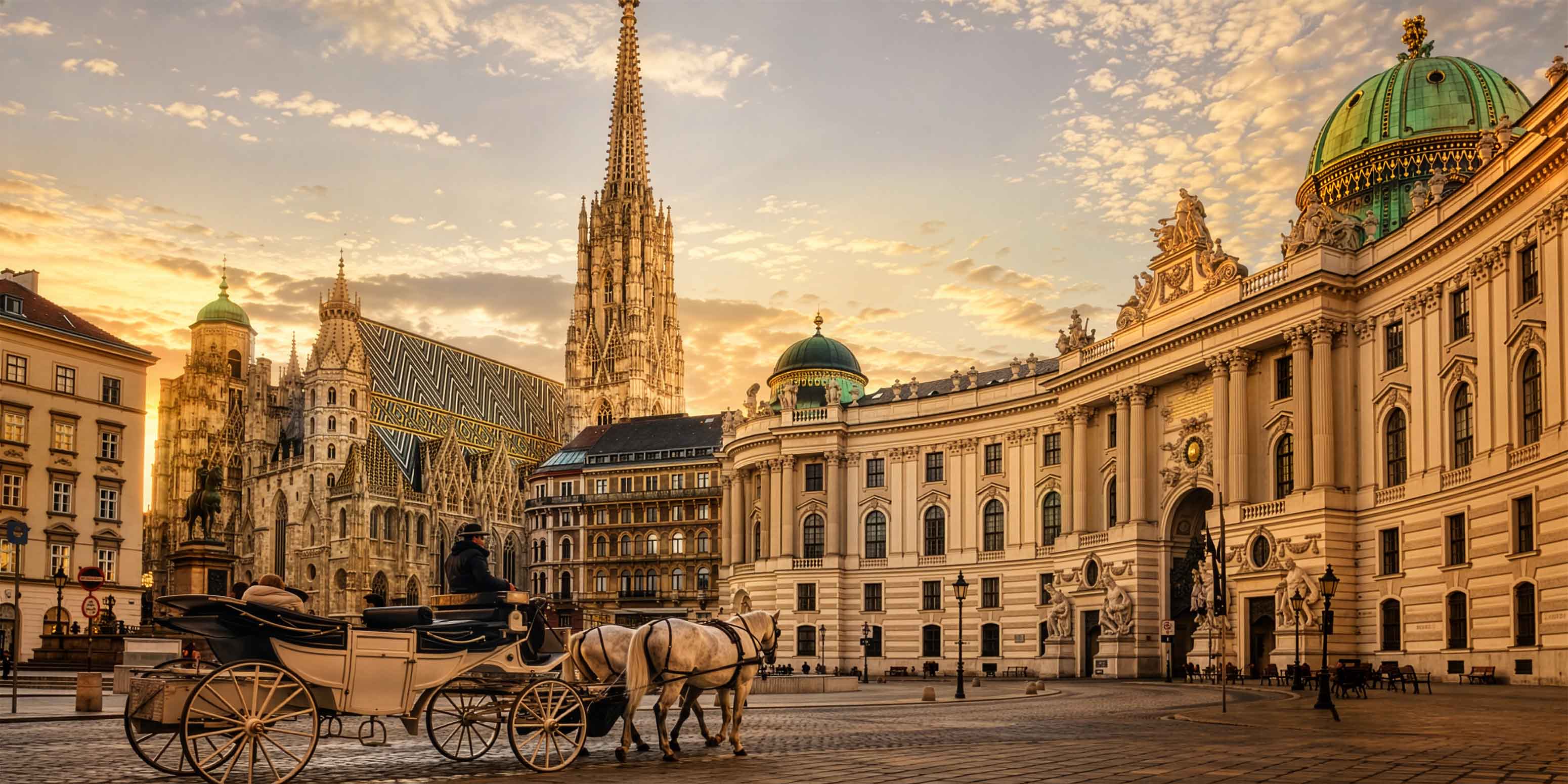 Eine Pferdekutsche steht bei Sonnenuntergang auf einem historischen Platz in Wien, mit kunstvollen Gebäuden und einem hohen Domturm im Hintergrund unter einem goldenen Himmel - ein ideales Motiv für einen Bildbearbeitung Workshop Wien.