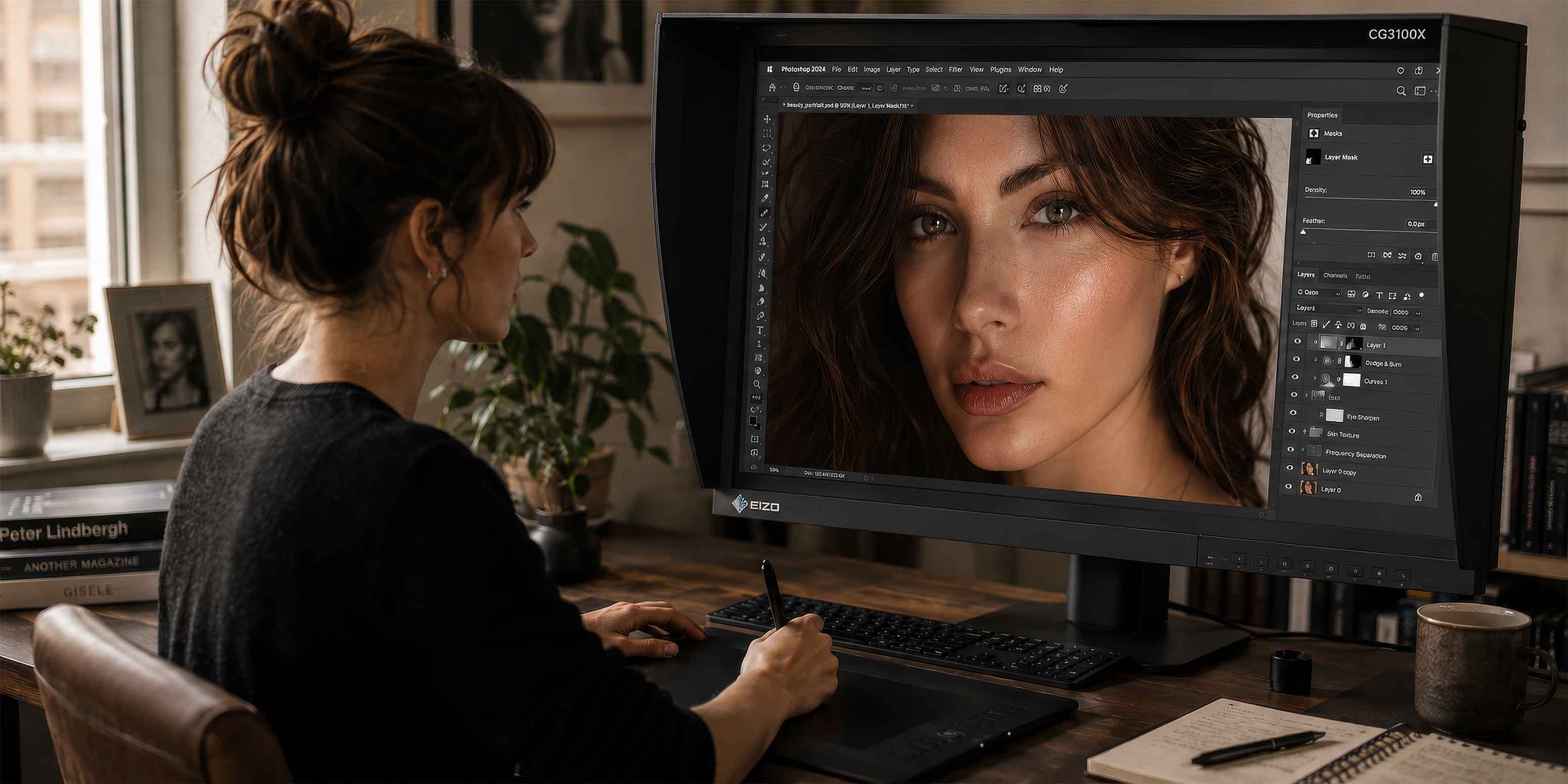 Eine Frau sitzt an einem Schreibtisch und bearbeitet mit Grafiktablett und Stift ein Nahaufnahmeporträt in Photoshop, umgeben von Büchern und Kunstzubehör in einem gemütlichen Raum - eine ideale Szene für alle, die Photoshop lernen oder an einem Beautyretusche-Workshop teilnehmen möchten.