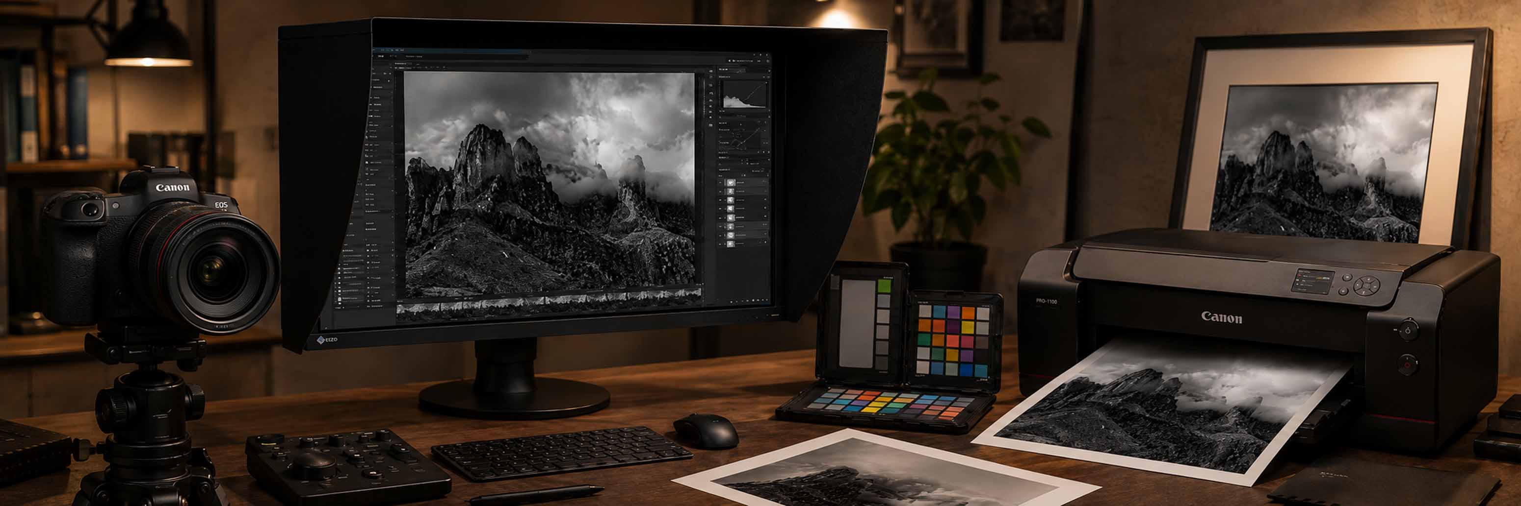 Ein Fotoarbeitsplatz mit einer Canon-Kamera, einem Computermonitor, auf dem ein Schwarz-Weiß-Bergfoto zu sehen ist, einem Farbprüfer, einem Zeichenblock und einem Canon-Drucker, der einen Ausdruck erstellt - eine ideale Umgebung, um Bildbearbeitung in Lightroom zu lernen.