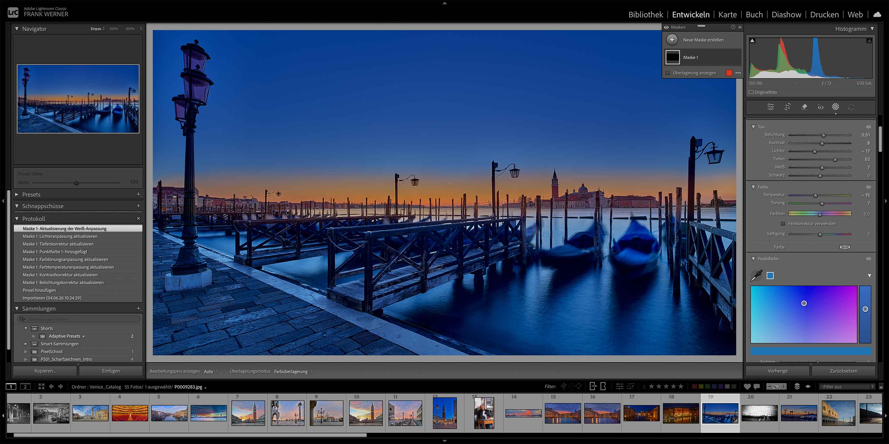Ein Screenshot von Adobe Lightroom zeigt ein Foto eines venezianischen Kanals bei Sonnenuntergang, mit ruhigem Wasser und historischen Gebäuden. Die Bearbeitungsfelder zeigen Werkzeuge für die digitale Dunkelkammer als Teil eines Bildbearbeitungskurses auf der rechten Seite.