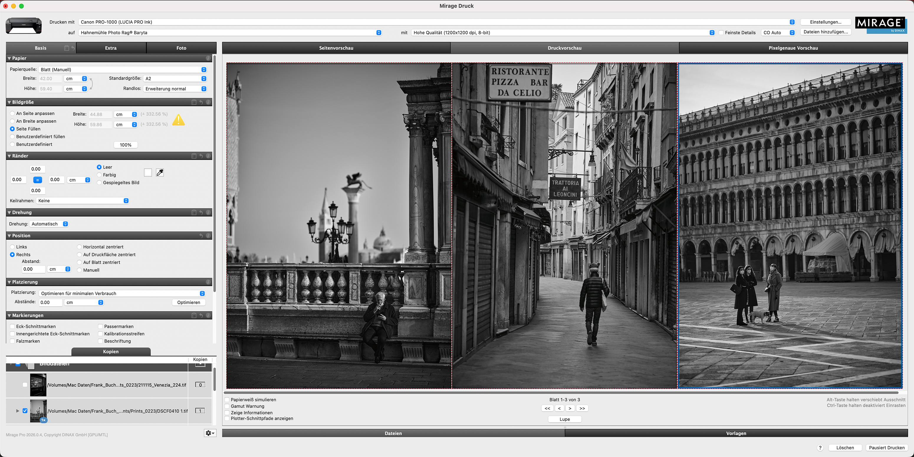 Screenshot einer Fotodrucksoftware in der digitalen Dunkelkammer: Ein schwarz-weißes Venedig-Triptychon mit Laternen, einer Gasse mit vorbeigehender Person und Menschen auf einem Platz vor historischen Gebäuden.