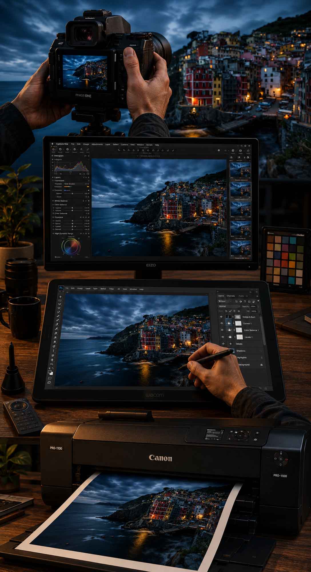 Ein Fotograf konzentriert sich auf Bildbearbeitung lernen, bearbeitet ein Foto eines nächtlichen Küstendorfs auf einem Tablet und einem Computer und druckt das Bild dann mit einem Canon-Drucker in einem ordentlich organisierten Arbeitsbereich aus.
