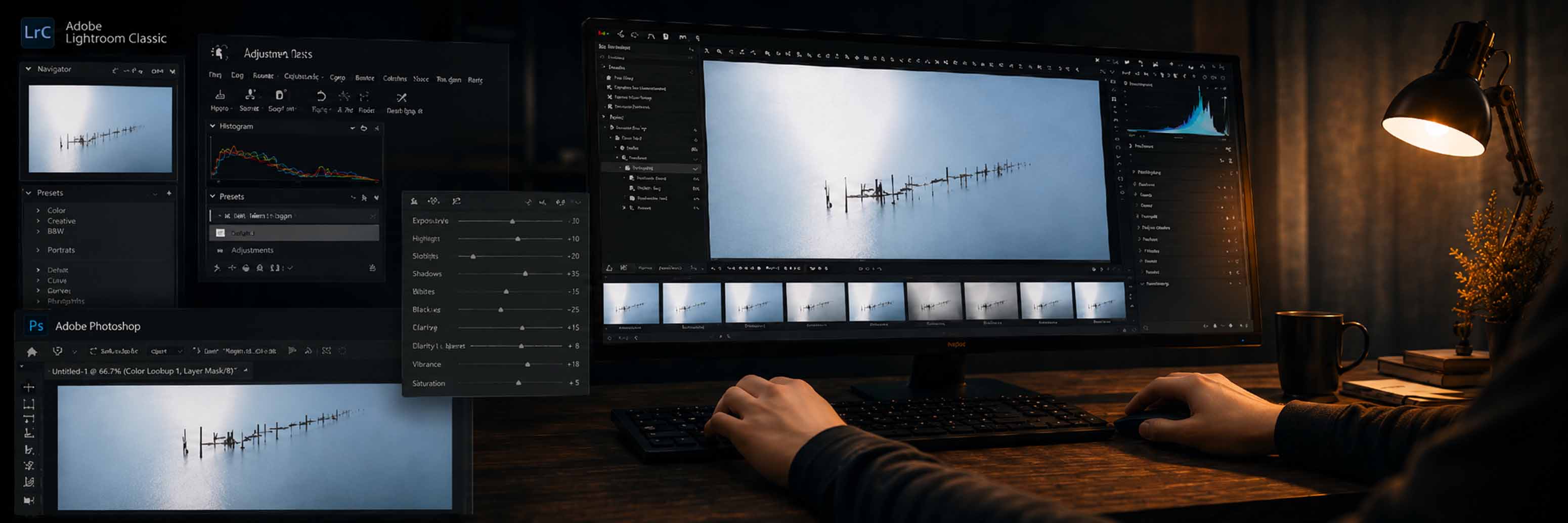 Eine Person lernt Bildbearbeitung in einer digitalen Dunkelkammer und bearbeitet ein ruhiges Foto von Vögeln auf dem Wasser mit Adobe Lightroom Classic auf einem großen Monitor. In dem schwach beleuchteten Arbeitsbereich sind Anpassungswerkzeuge und Bearbeitungsfelder zu sehen.