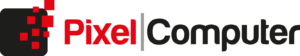 Logo für „Pixel Computer“ mit einem schwarzen, abgerundeten Quadrat, aus dem oben links kleine rote Quadrate herausblenden. Das Wort „Pixel“ ist in fetter roter Schrift gehalten, „Computer“ in schwarzer Schrift, getrennt durch eine graue vertikale Linie.