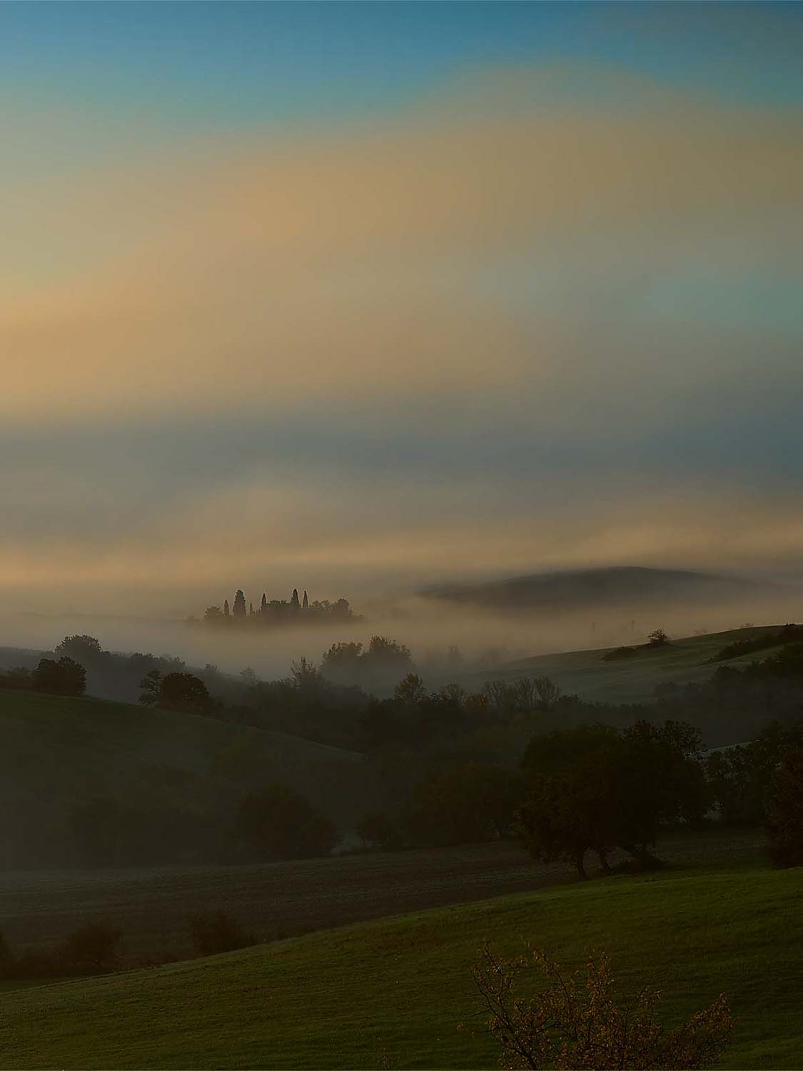 Eine neblige Landschaft im Morgengrauen mit sanften grünen Hügeln, vereinzelten Bäumen und einer Gruppe hoher Zypressen in der Ferne, die unter einem blau-orangefarbenen Himmel in sanftes goldenes Licht getaucht sind.
