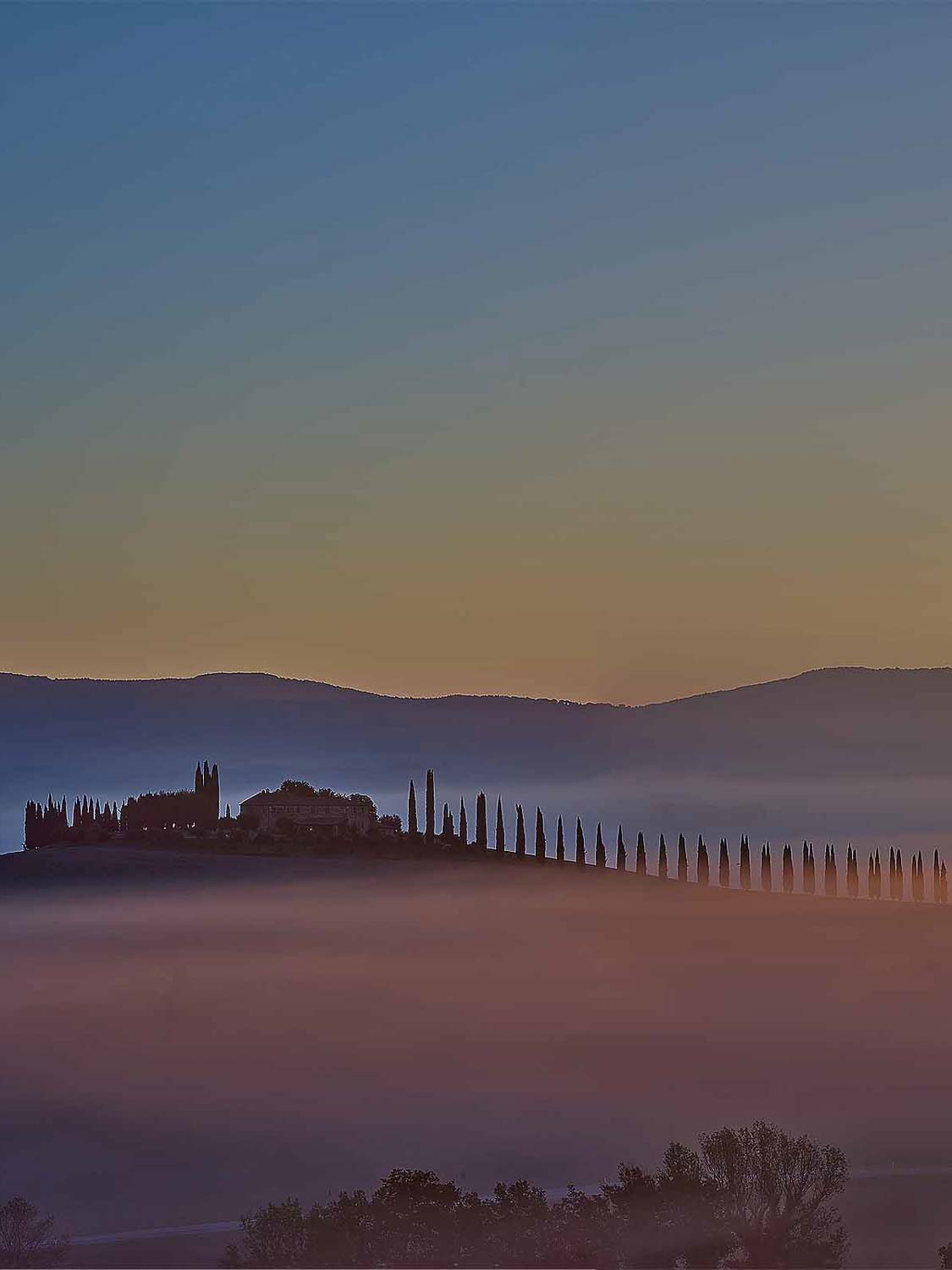 Eine neblige Landschaft im Morgengrauen mit sanften Hügeln, einer Reihe hoher Zypressen und einem Bauernhaus, das sich vor einem farbenprächtigen Himmel abzeichnet, der von tiefem Blau in warmes Orange übergeht.