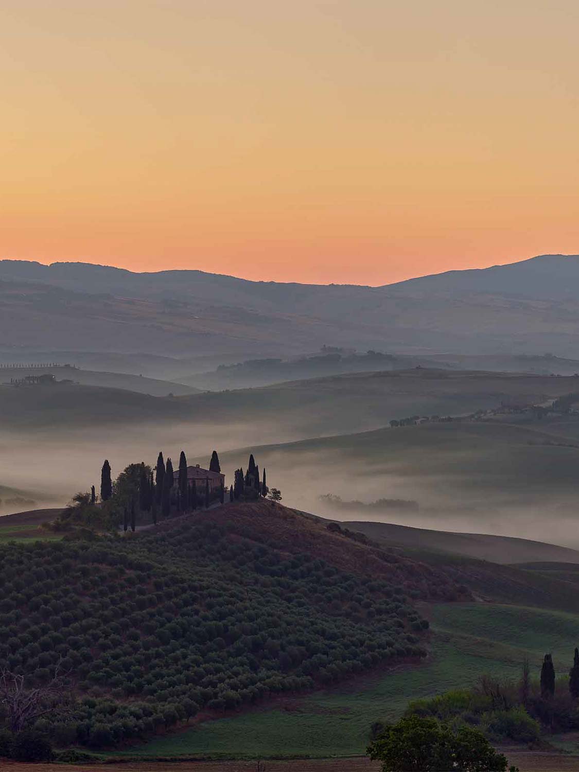 Ein nebliger Sonnenaufgang über den sanften Hügeln der Toskana in Italien, mit Zypressen und einem Bauernhaus, die sich vor dem sanft orangefarbenen Himmel und den Nebelschwaden in den Tälern abzeichnen.