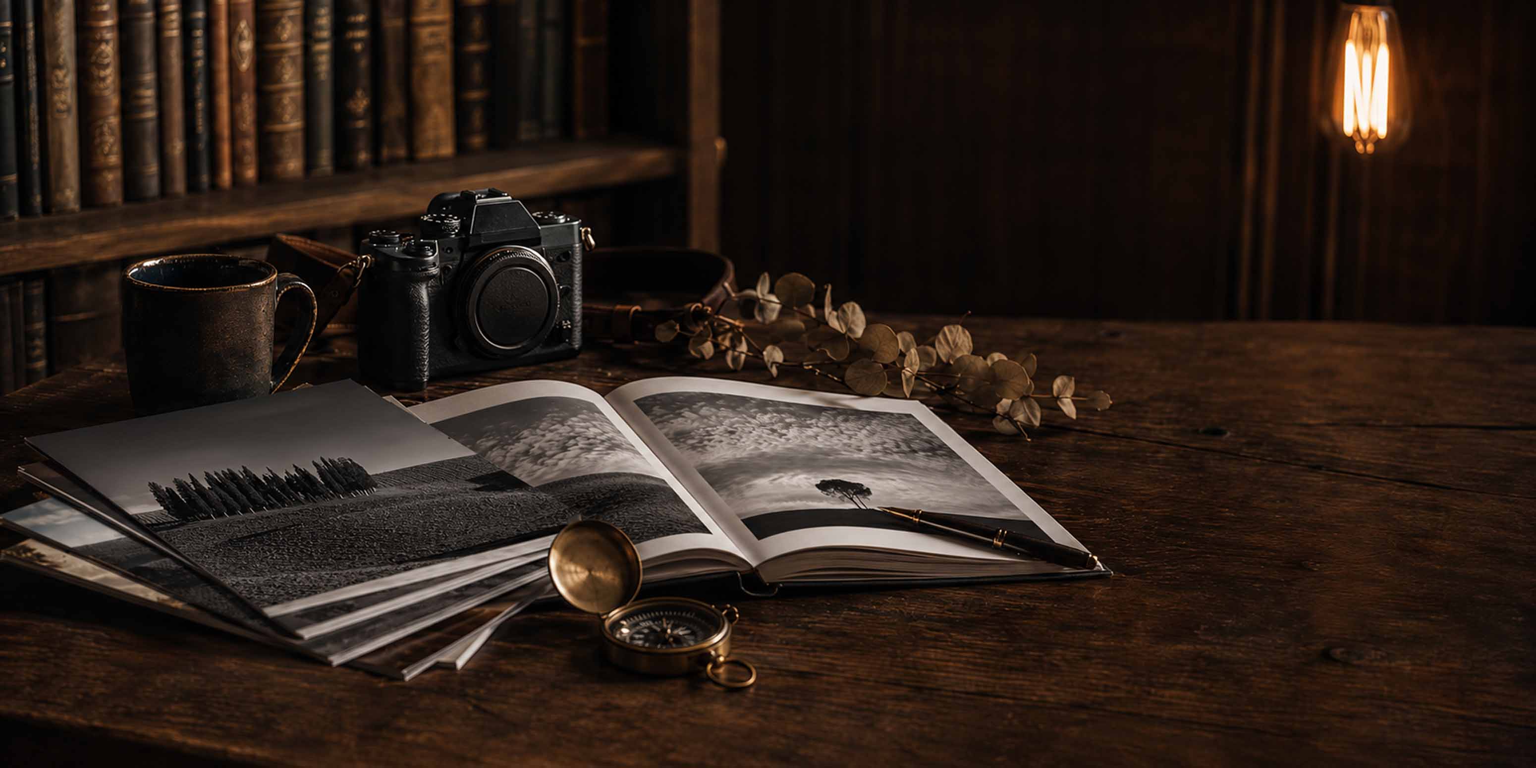 Ein Holzschreibtisch mit einem aufgeschlagenen Fotobuch, losen Schwarz-Weiß-Fotos, einem Stift, einer Vintage-Kamera, einer Keramiktasse, Trockenblumen und Büchern – dazu Empfehlungen von Freunden –, warm beleuchtet von einer Glühbirne.