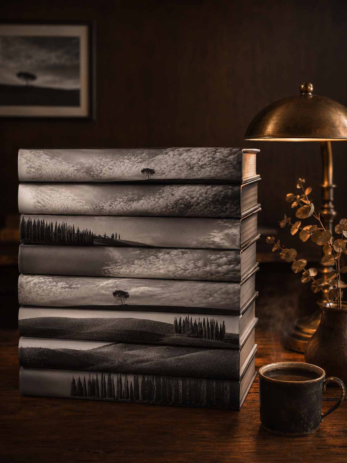 Ein Stapel Bücher mit schwarz-weißen Einbänden bildet eine zusammenhängende Landschaftsszene; daneben stehen eine dampfende Tasse Kaffee, eine Messinglampe, Trockenblumen und im Hintergrund ein gerahmtes Landschaftsfoto.