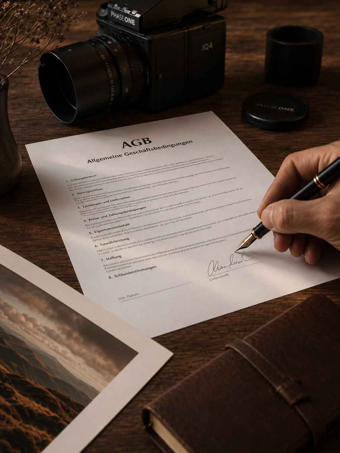 Eine Person unterschreibt ein Dokument mit dem Titel AGB (Allgemeine Geschäftsbedingungen) auf einem Holztisch, umgeben von einer Kamera, einem Objektivdeckel, einem braunen Notizbuch, einem Fotoabzug und einer Vase mit Trockenblumen.
