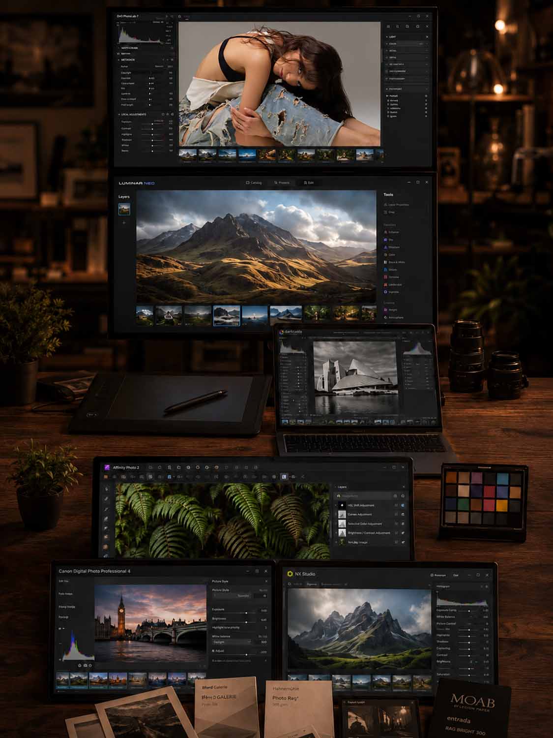 Auf einem Holztisch befinden sich fünf Bildschirme mit Fotobearbeitungssoftware, darunter Bilder von Landschaften, einer Frau und Laub - perfekt für eine PixelSchool für Affinity oder einen Darktable Workshop. Auf dem Schreibtisch befinden sich auch ein Grafiktablett, eine Farbtafel, Objektive und Fotobücher.