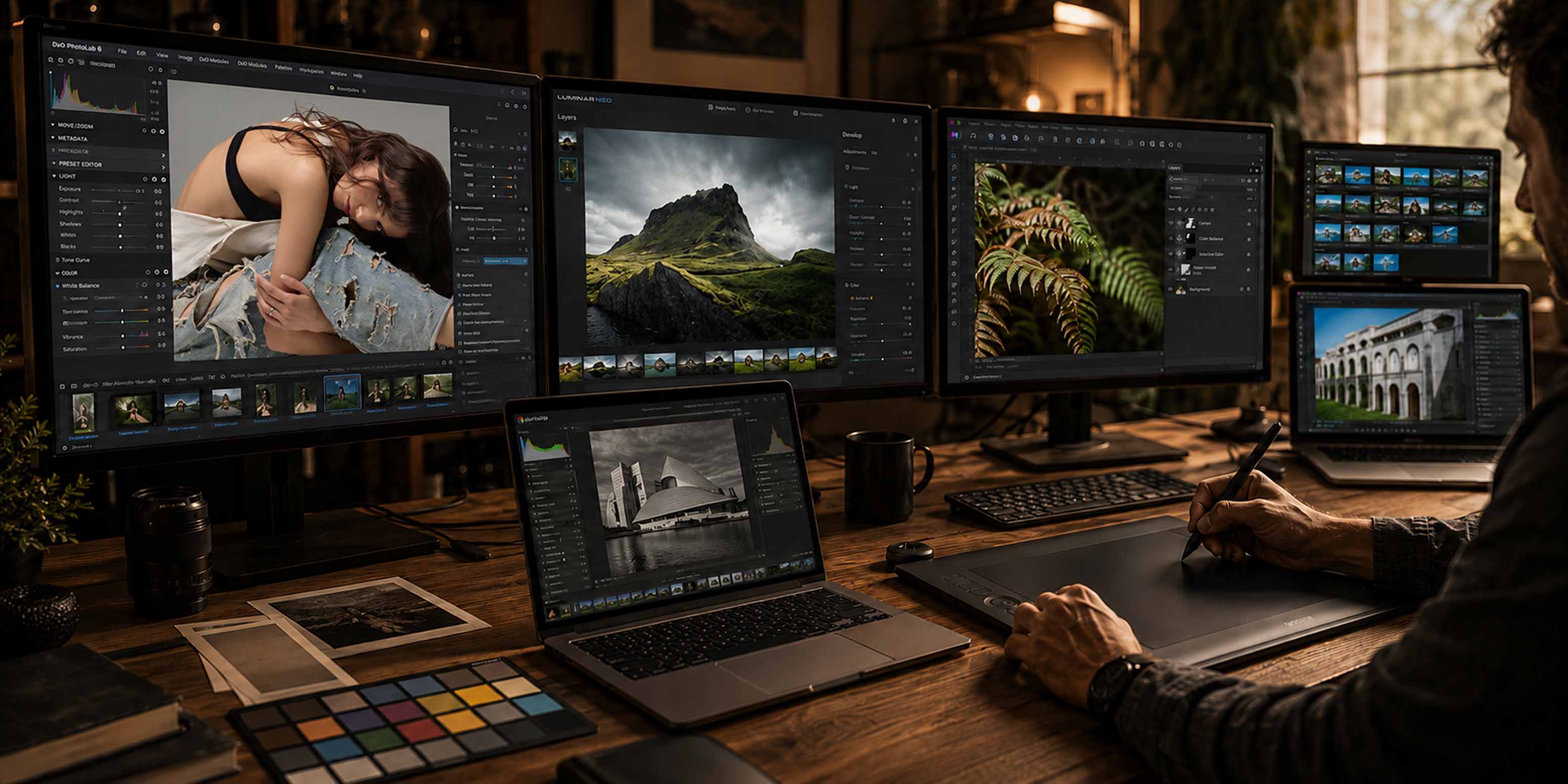 Eine Person arbeitet an einem Schreibtisch mit mehreren Monitoren und einem Laptop und bearbeitet Fotos von Landschaften, Architektur und einer Frau mit einem Grafiktablett - vielleicht verfeinert sie ihre Kenntnisse aus einem Darktable Workshop oder der PixelSchool für Luminar.