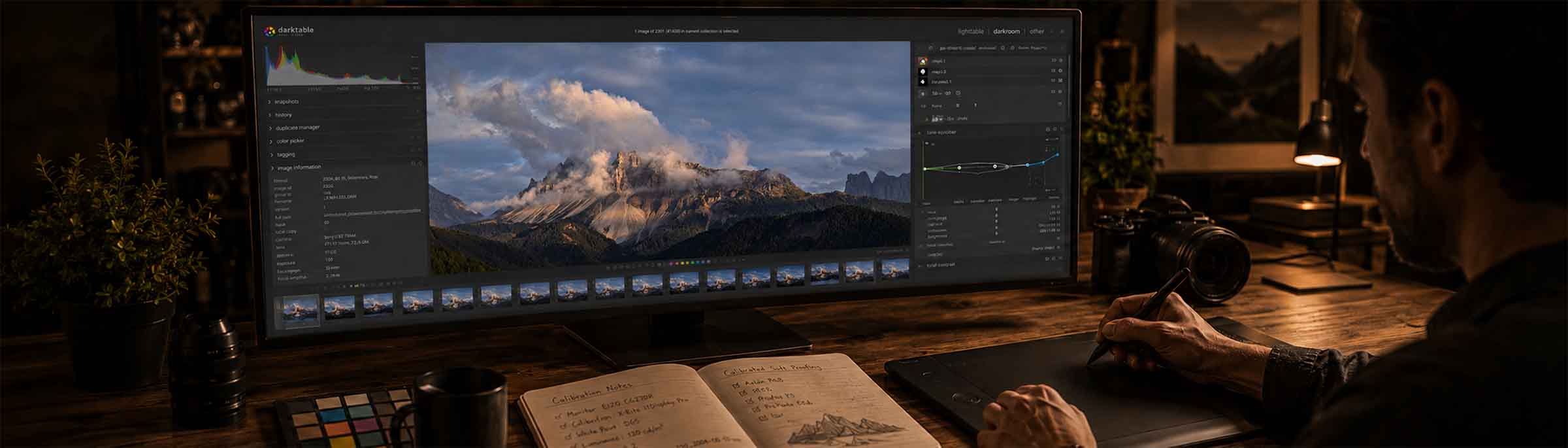 Eine Person bearbeitet ein Landschaftsfoto von Bergen auf einem großen Computermonitor mit einem Stift und einem Grafiktablett, umgeben von Fotoausrüstung und einem aufgeschlagenen Notebook, während sie in einem warm beleuchteten Arbeitsraum einem Tutorial von PixelSchool für DXO folgt.