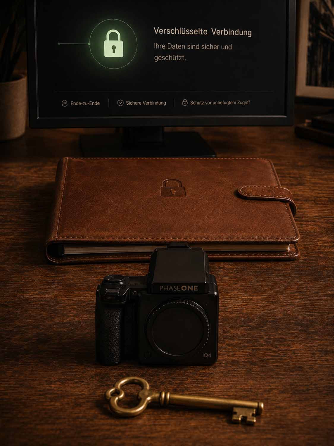 Auf einem Monitor erscheint eine Meldung über eine verschlüsselte Verbindung in deutscher Sprache. Davor liegen ein geschlossenes Ledernotebook mit einem Schloss, eine schwarze Kamera und ein verschnörkelter goldener Schlüssel auf einem Holztisch.