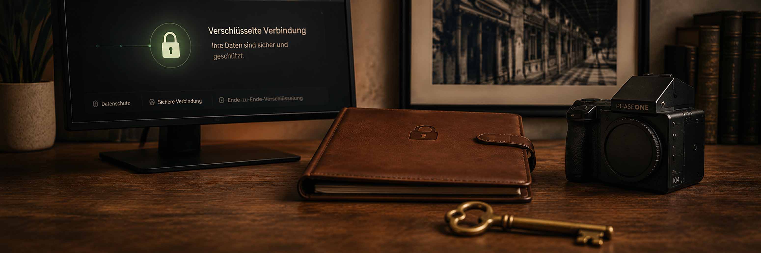 Ein Schreibtisch mit einem Computermonitor, auf dem eine Meldung über eine sichere Verbindung angezeigt wird, ein braunes Ledernotebook mit einem Schlosssymbol, eine Kamera, ein alter Schlüssel und Bücher, die ein sicheres und klassisches Arbeitsumfeld schaffen.