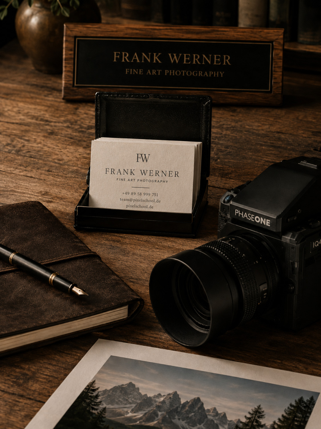 Ein Schreibtisch mit einer Kamera, ein offenes Etui mit Visitenkarten für Frank Werner Fine Art Photography, ein Notizbuch mit einem Stift, ein gerahmtes Namensschild und ein gedrucktes Landschaftsfoto, alles auf einer Holzoberfläche.